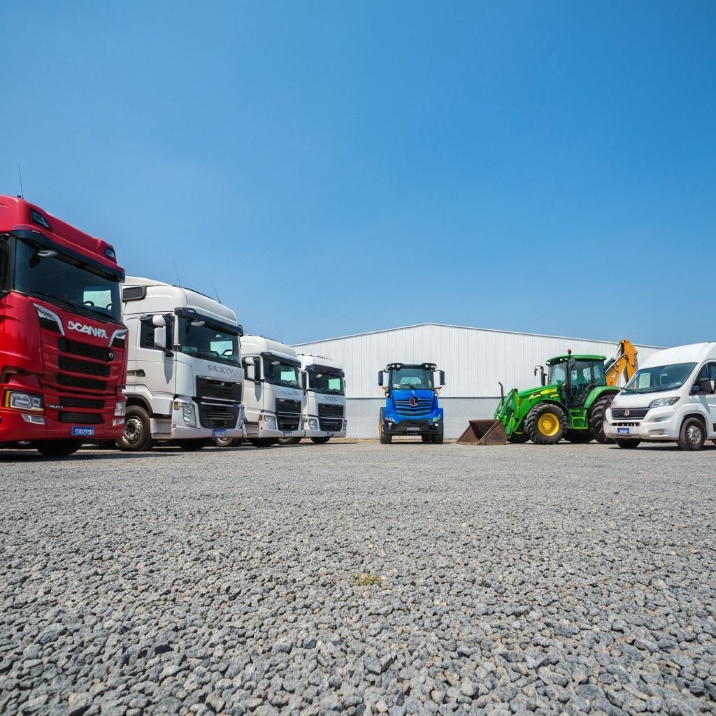 Pátio com caminhões, tratores e máquinas agrícolas